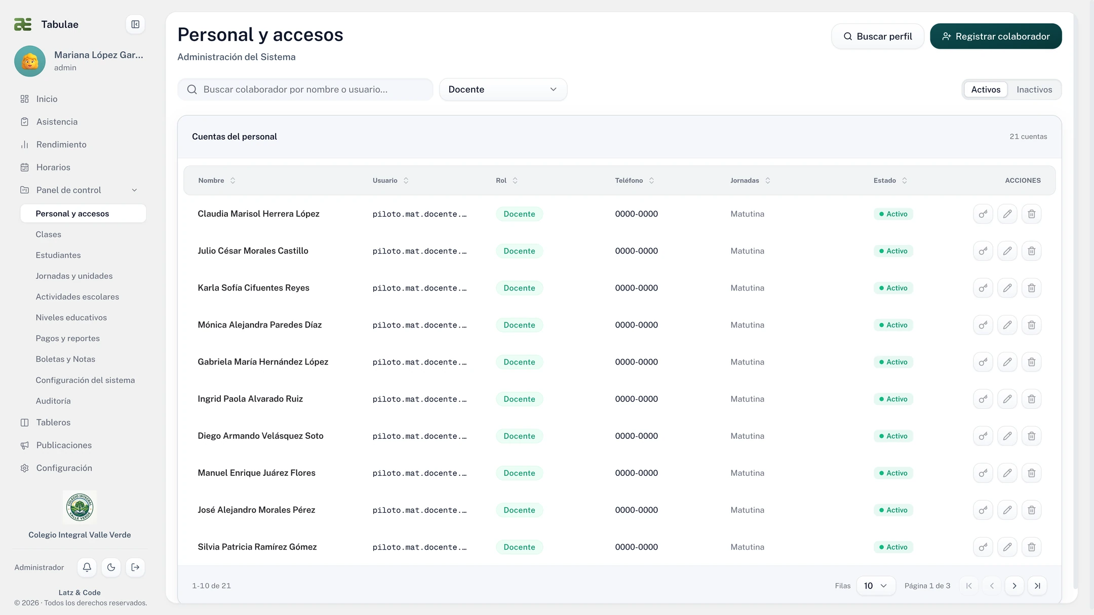 Vista de Personal y accesos de Tabulae con filtros por rol y estado, y la jornada asignada a cada colaborador